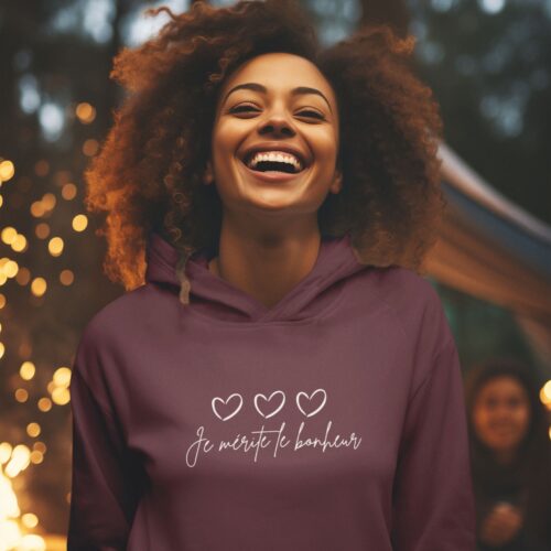 Sweat à capuche Bio femme "Je mérite le bonheur" – Image 3