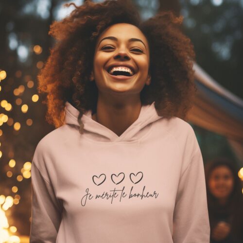 Sweat à capuche Bio femme "Je mérite le bonheur" – Image 2